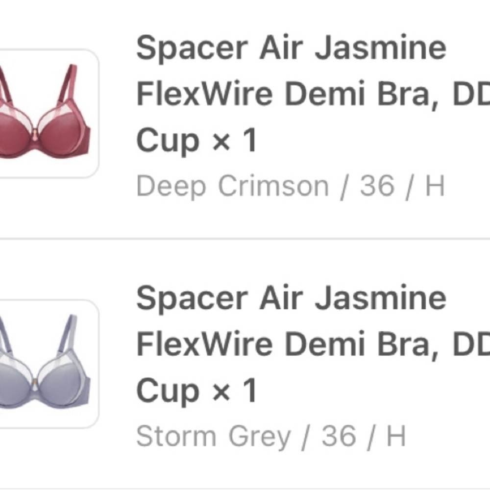(2) NWOT Spacer Air Jasmine FlexWire Demi Bras, 36H - Storm Grey & Deep Crimson